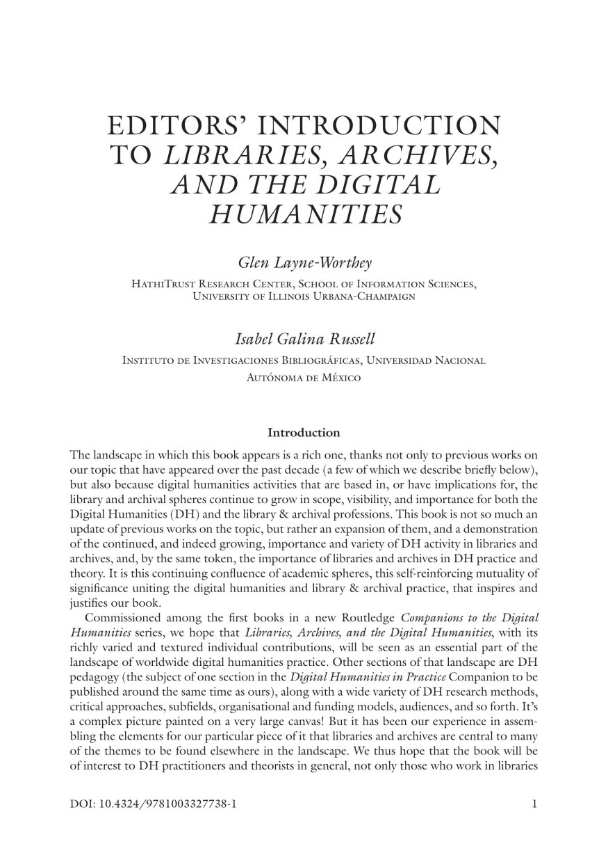 Editor's Introduction to Libraries, Archives and the Digital Humanities : Taylor & Francis